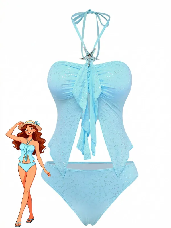 Sky Blue 1950s Halter Ruffle Bow Glitter Tankini Set made by Retro Stage