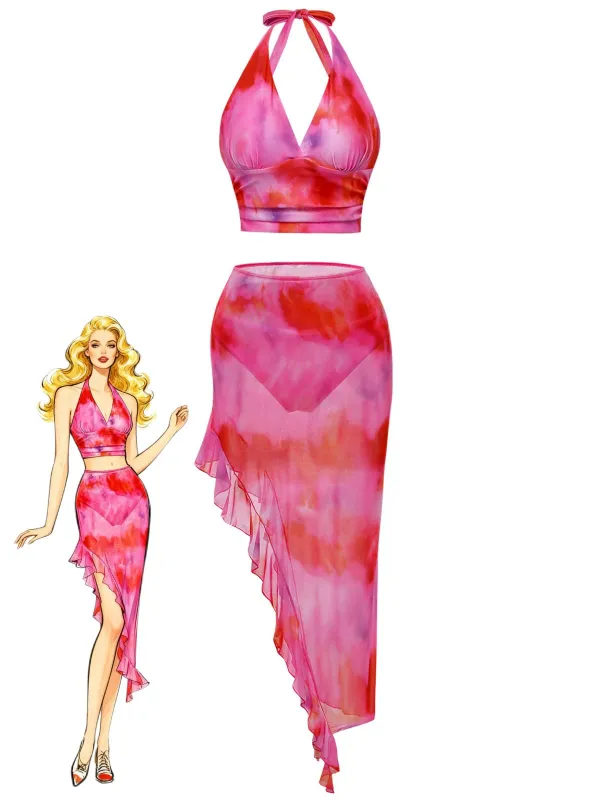 Pink 1950s Gradient Halter Tankini Set & Asymmetric Cover-Up made by Retro Stage