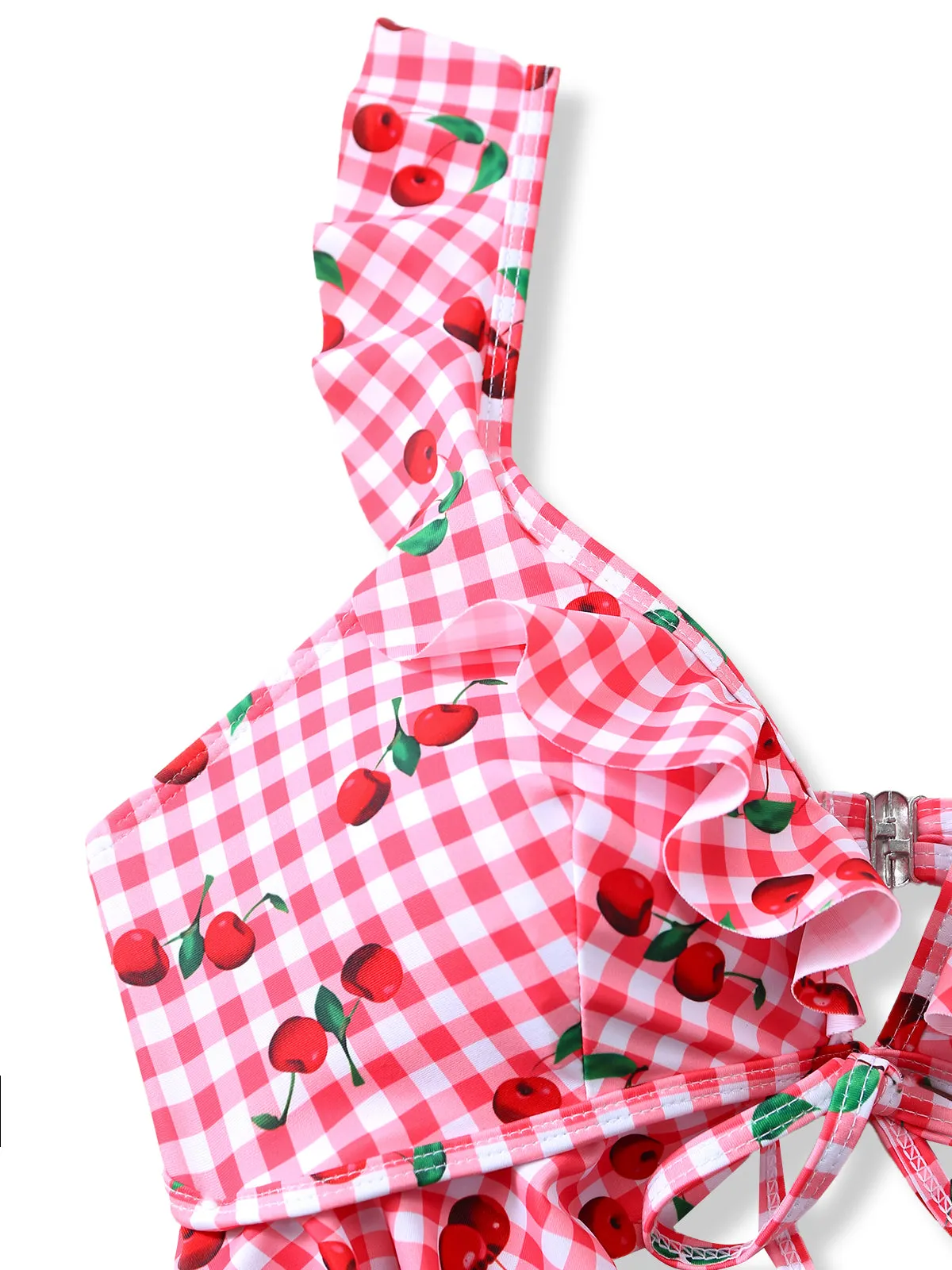 Red 1950s Plaid Cherry Ruffled Sweetheart Neck One-Piece Swimsuit sold by Retro Stage product image thumbnail 5