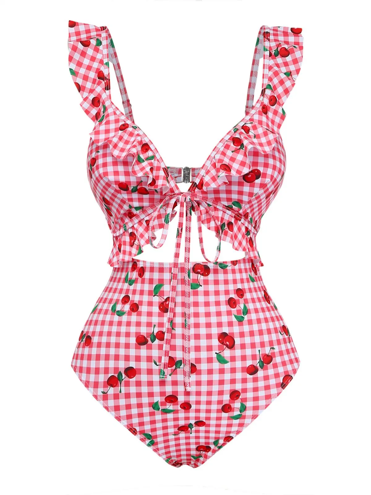 Red 1950s Plaid Cherry Ruffled Sweetheart Neck One-Piece Swimsuit sold by Retro Stage product image thumbnail 2