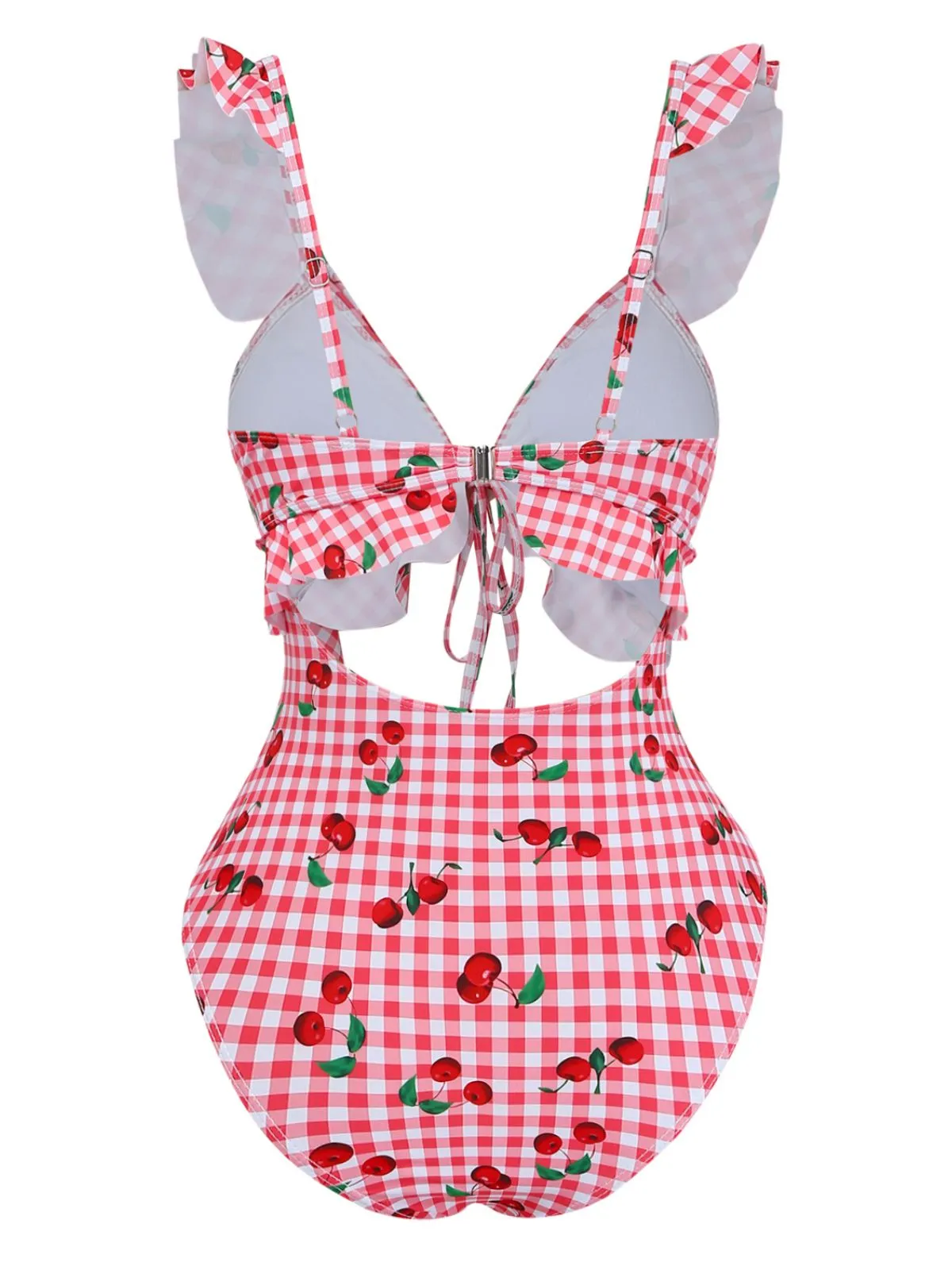 Red 1950s Plaid Cherry Ruffled Sweetheart Neck One-Piece Swimsuit sold by Retro Stage product image thumbnail 3