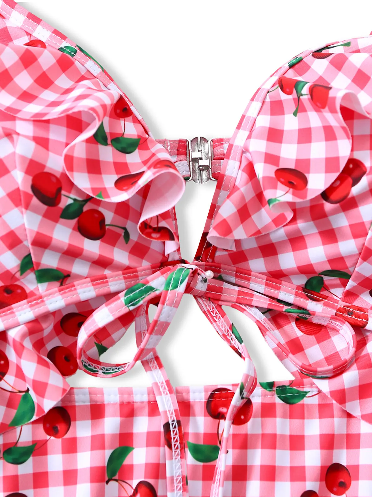 Red 1950s Plaid Cherry Ruffled Sweetheart Neck One-Piece Swimsuit sold by Retro Stage product image thumbnail 4