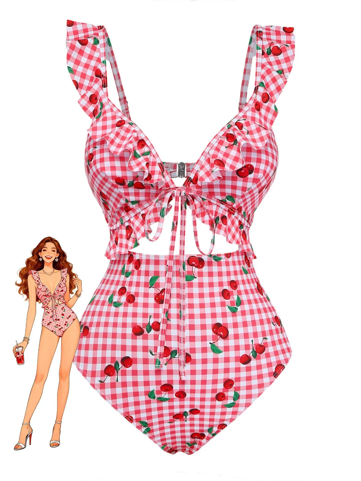 Red 1950s Plaid Cherry Ruffled Sweetheart Neck One-Piece Swimsuit sold by Retro Stage