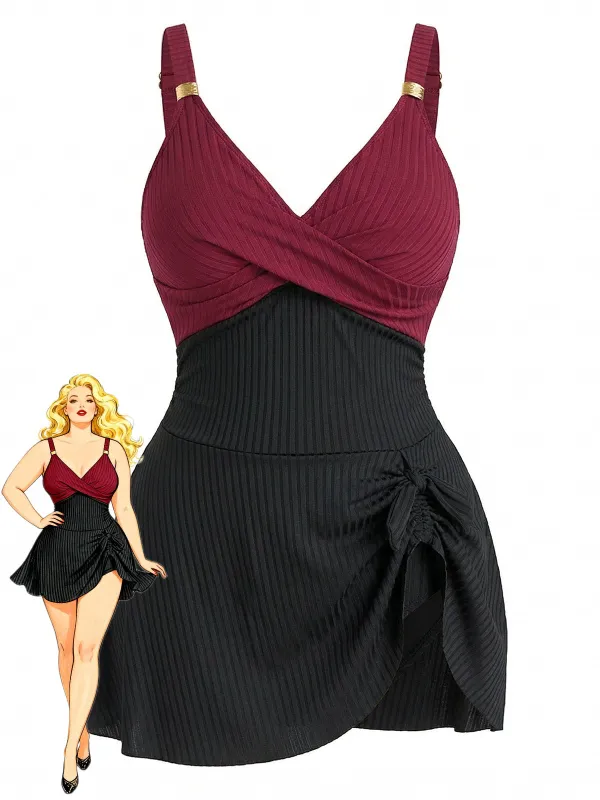 [Plus Size] 1930s Color Block Ribbed One-Piece Swimsuit made by Retro Stage