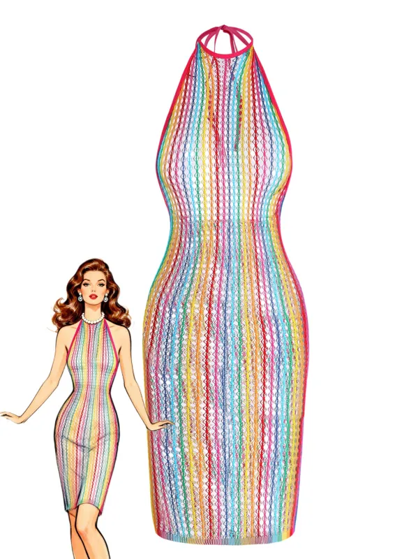 Multicolor 1960s Rainbow Mesh Halter Nightgown made by Retro Stage