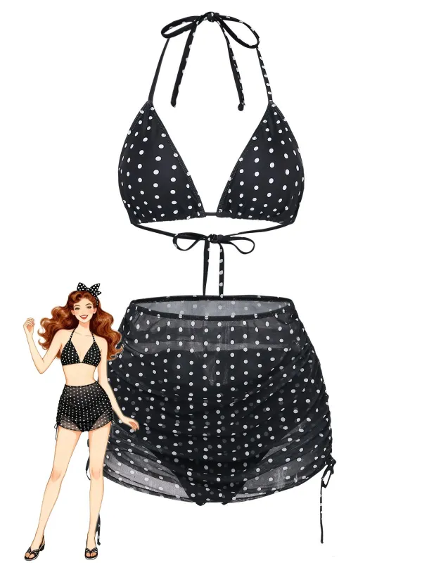 Black 1950s Polka Dot Halter Bikini Set & Cover-Up made by Retro Stage