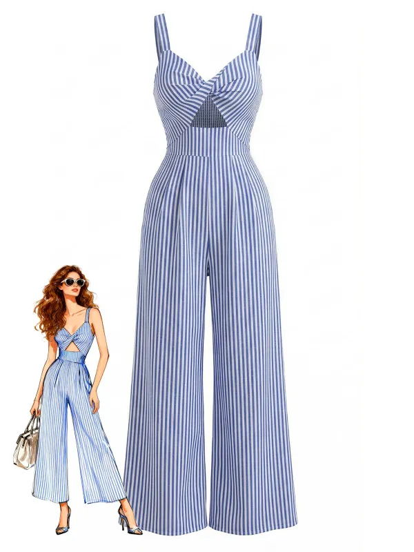 Blue 1950s Striped Twisted Hollow V-Neck Jumpsuit made by Retro Stage