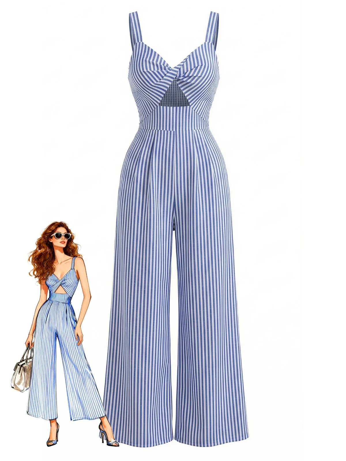 Blue 1950s Striped Twisted Hollow V-Neck Jumpsuit sold by Retro Stage
