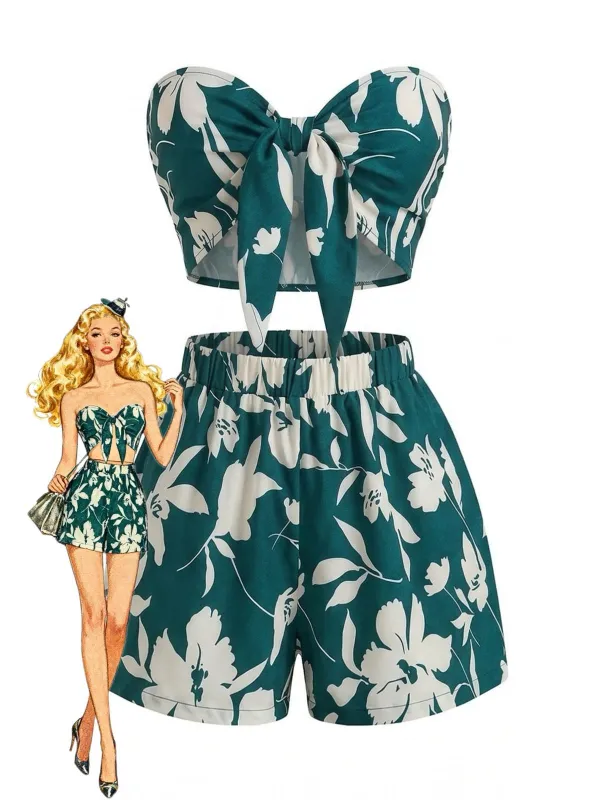 2PCS 1930s Tropical Floral Print Strapless & Shorts Set made by Retro Stage