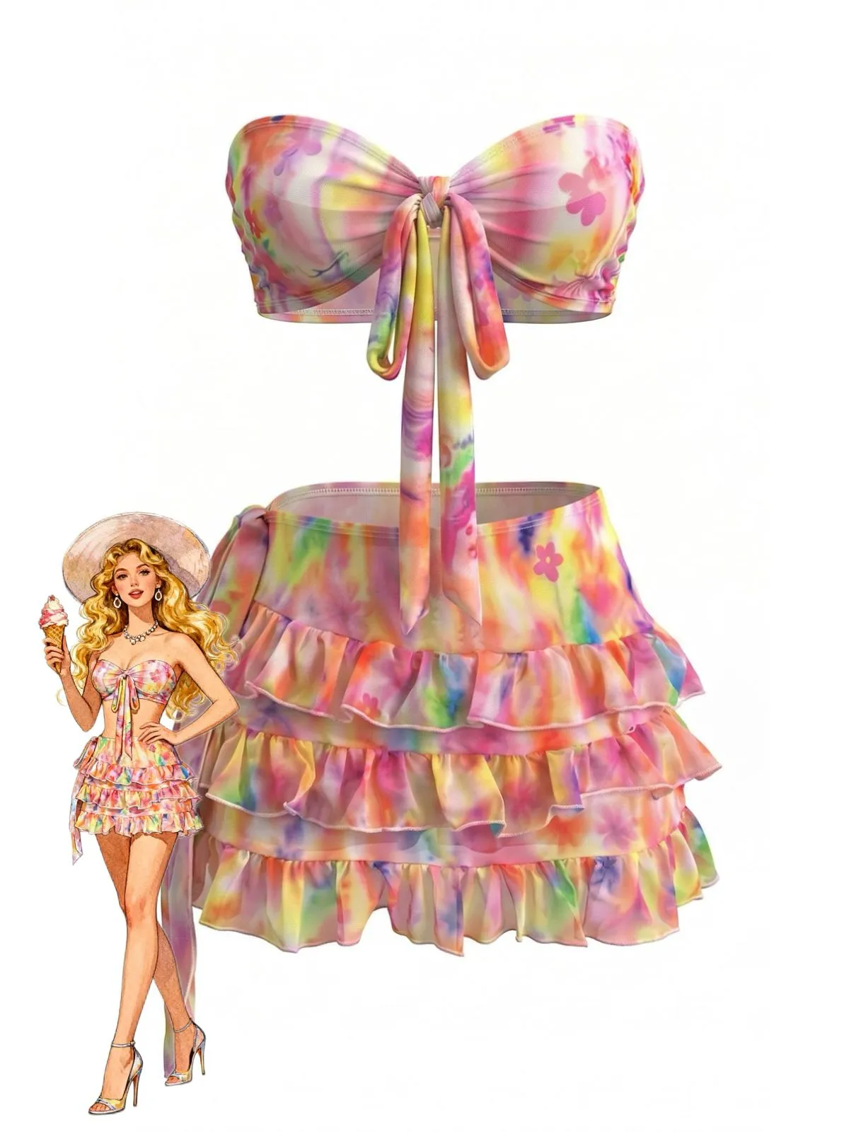 Pink 1980s Tie Dye Floral Bikini Set & Cover-UP sold by Retro Stage