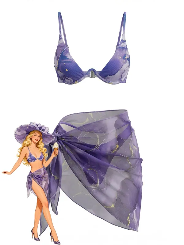 Purple 1980s Marble Triangle Bikini Set & Cover-Up made by Retro Stage