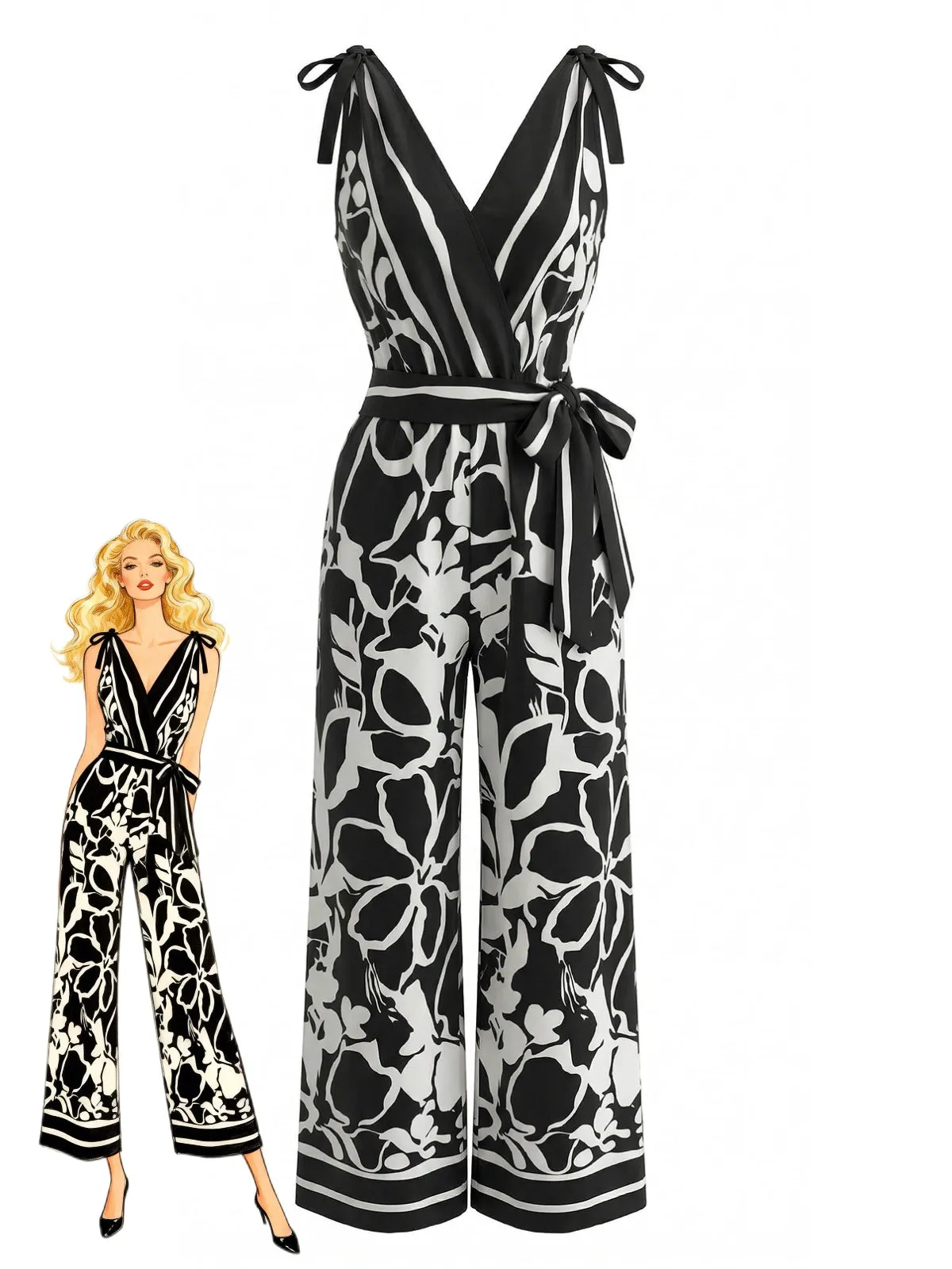 1970s Floral V-Neck Sleeveless Wide Leg Jumpsuit sold by Retro Stage