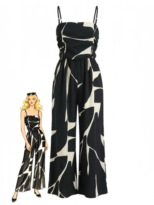 Black 1930s Abstract Printed Wide Leg Jumpsuit made by Retro Stage