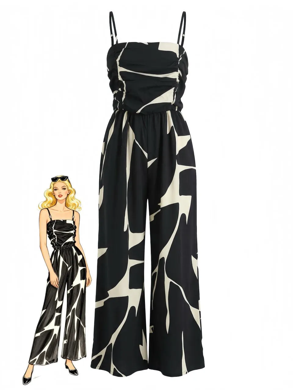 Black 1930s Abstract Printed Wide Leg Jumpsuit sold by Retro Stage