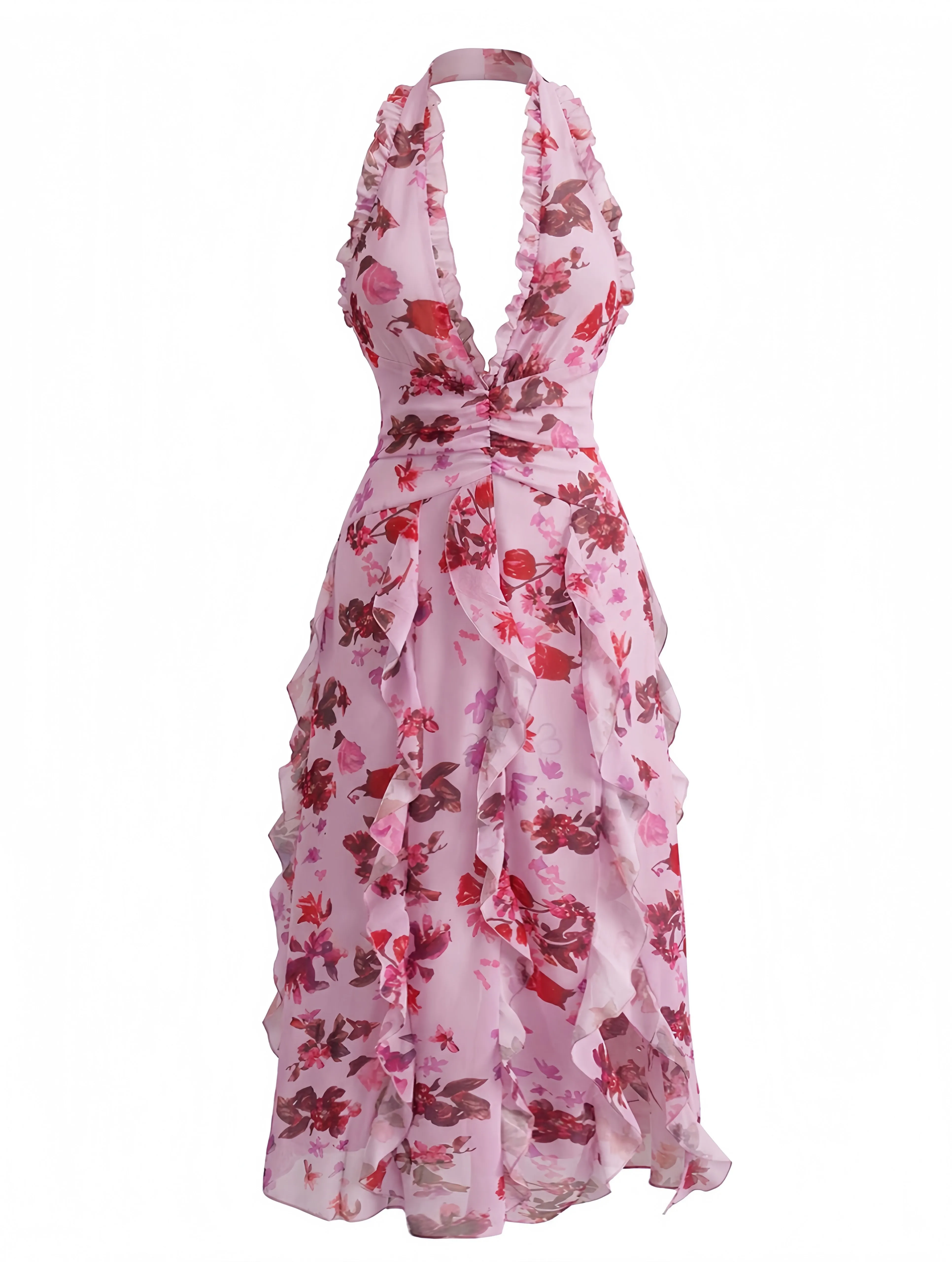 1930s Floral Halter V-Neck Ruffles Pleated Dress sold by Retro Stage product image thumbnail 4