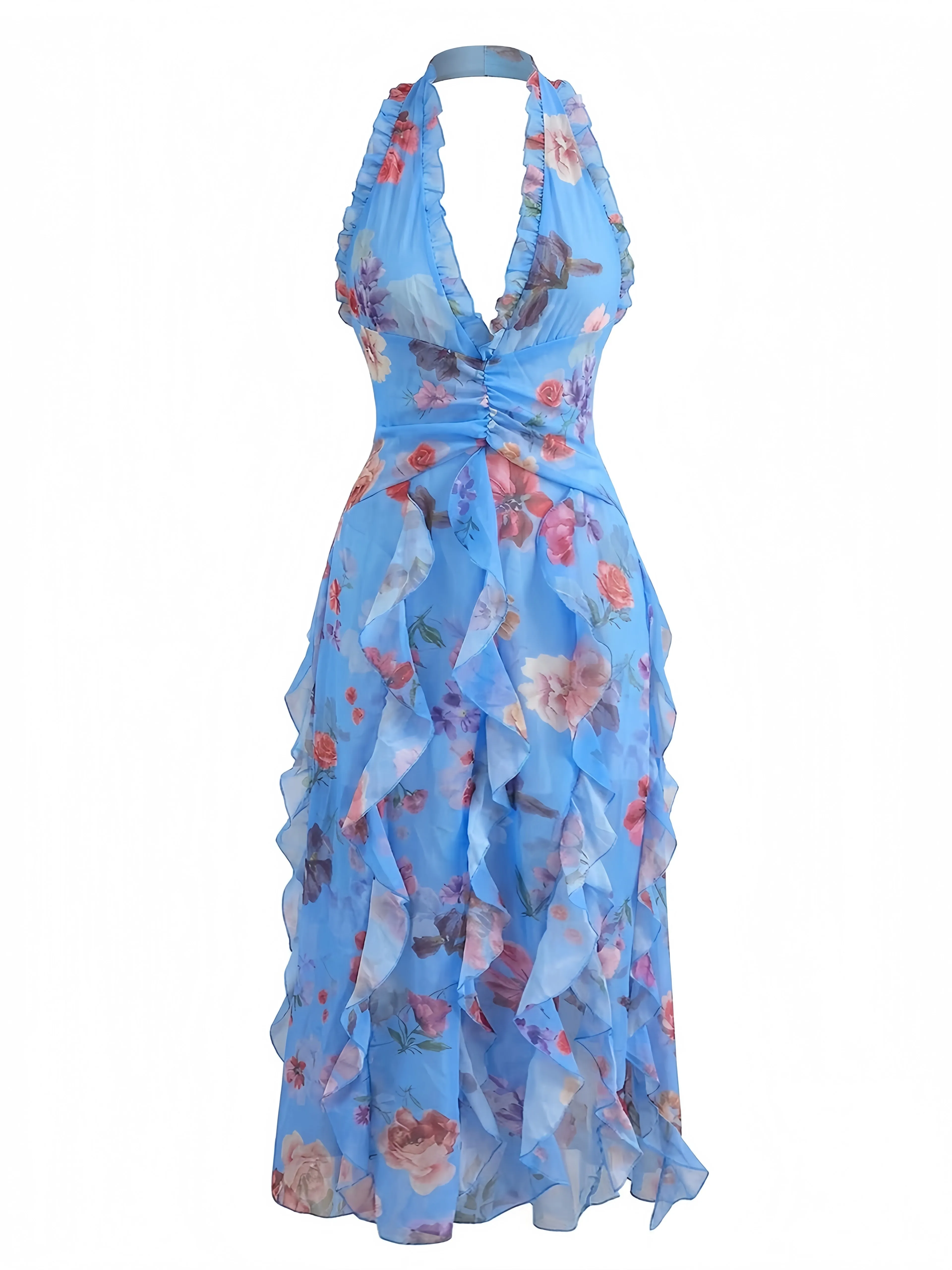 1930s Floral Halter V-Neck Ruffles Pleated Dress sold by Retro Stage product image thumbnail 2