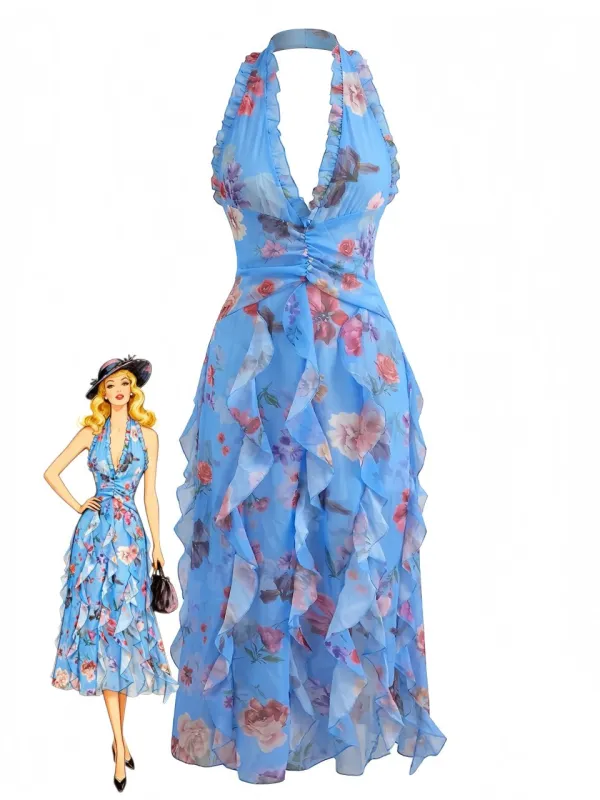 1930s Floral Halter V-Neck Ruffles Pleated Dress made by Retro Stage