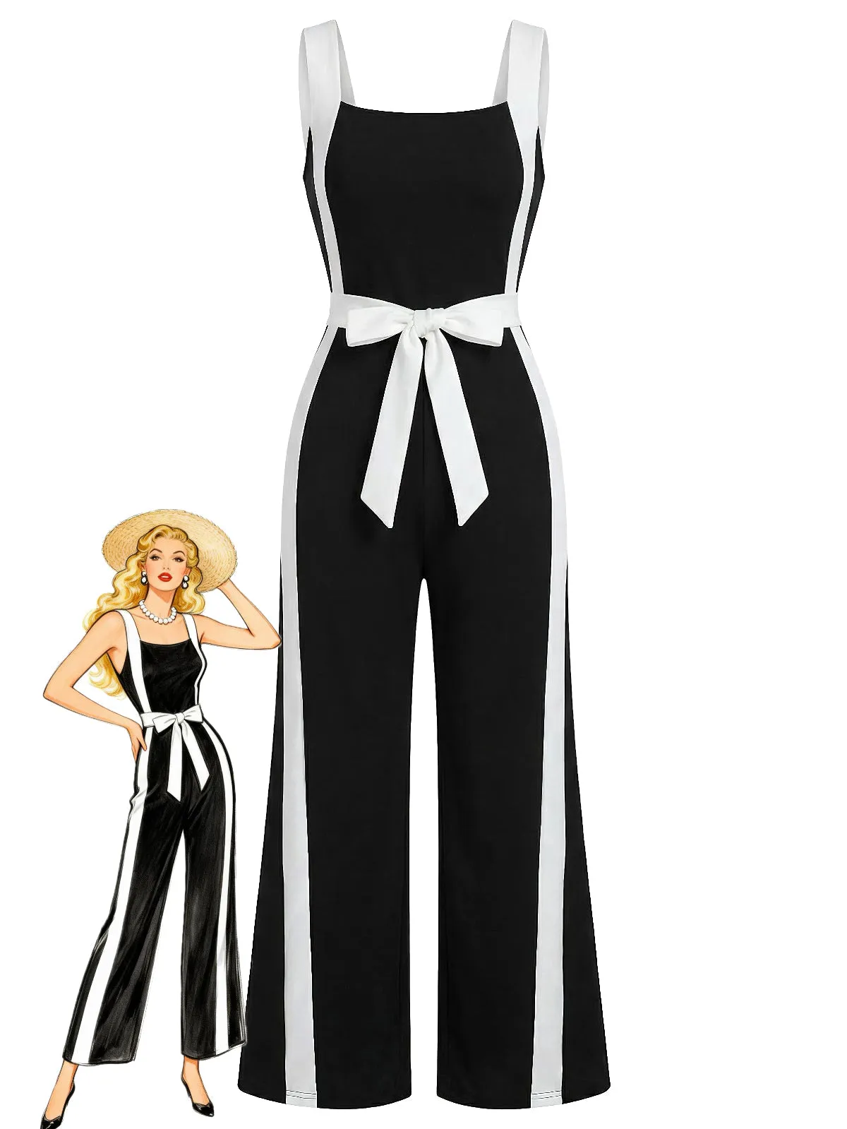 Black & White 1960s Color Block Suspender Jumpsuit sold by Retro Stage