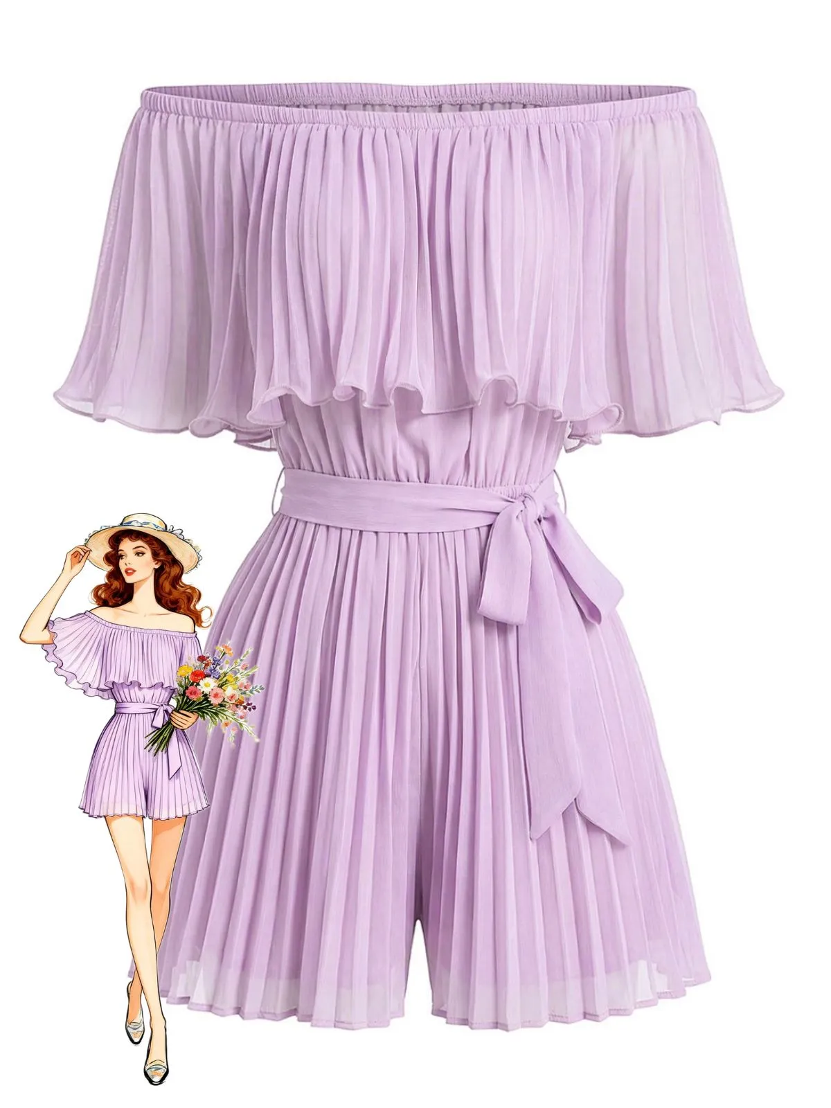 1960s Solid Off-Shoulder Pleated Waist Tie Romper sold by Retro Stage