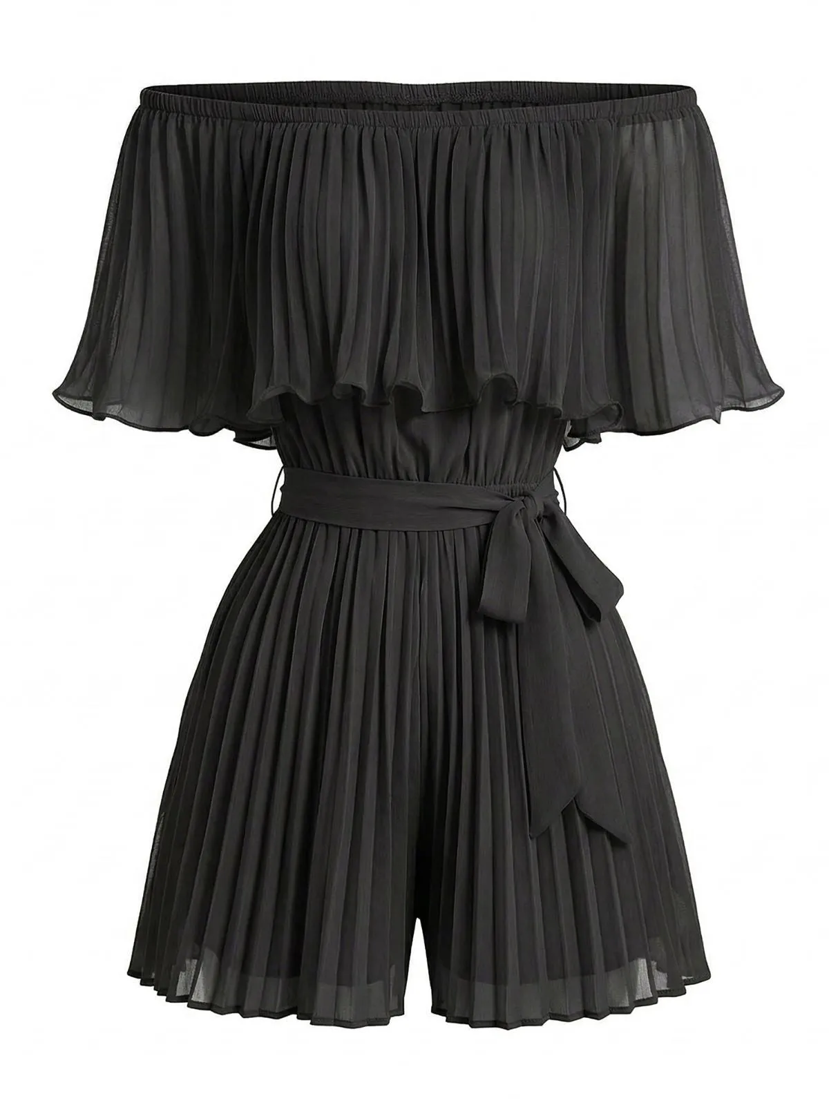 1960s Solid Off-Shoulder Pleated Waist Tie Romper sold by Retro Stage product image thumbnail 5