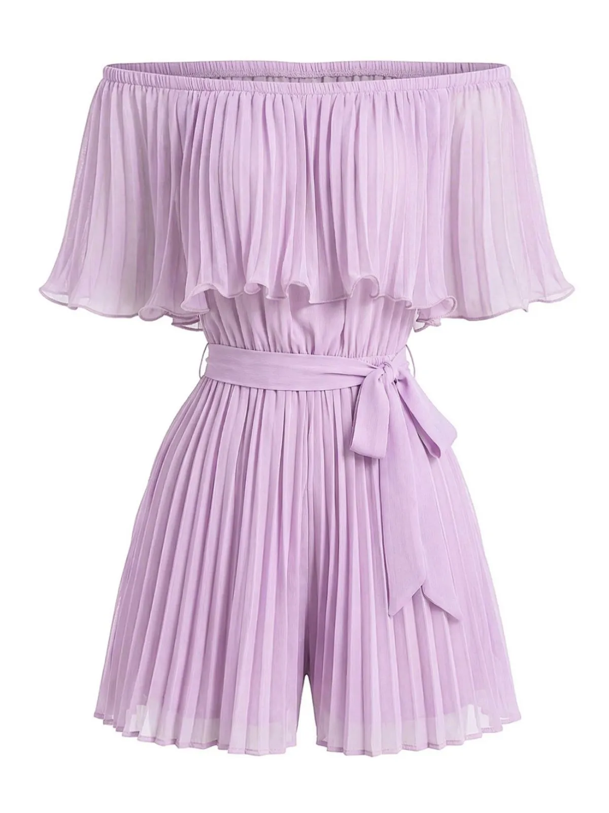 1960s Solid Off-Shoulder Pleated Waist Tie Romper sold by Retro Stage product image thumbnail 3