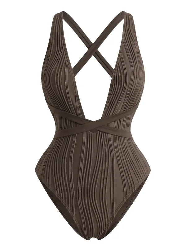 Dark Brown 1950s Crisscross Backless One-Piece Swimsuit made by Retro Stage