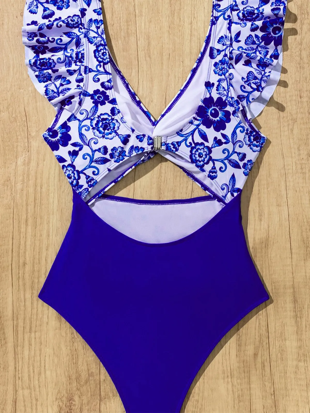Dark Blue 1970s Porcelain Color Block One-Piece Swimsuit sold by Retro Stage product image thumbnail 5