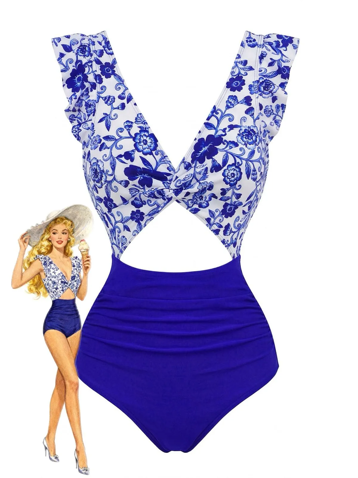 Dark Blue 1970s Porcelain Color Block One-Piece Swimsuit sold by Retro Stage