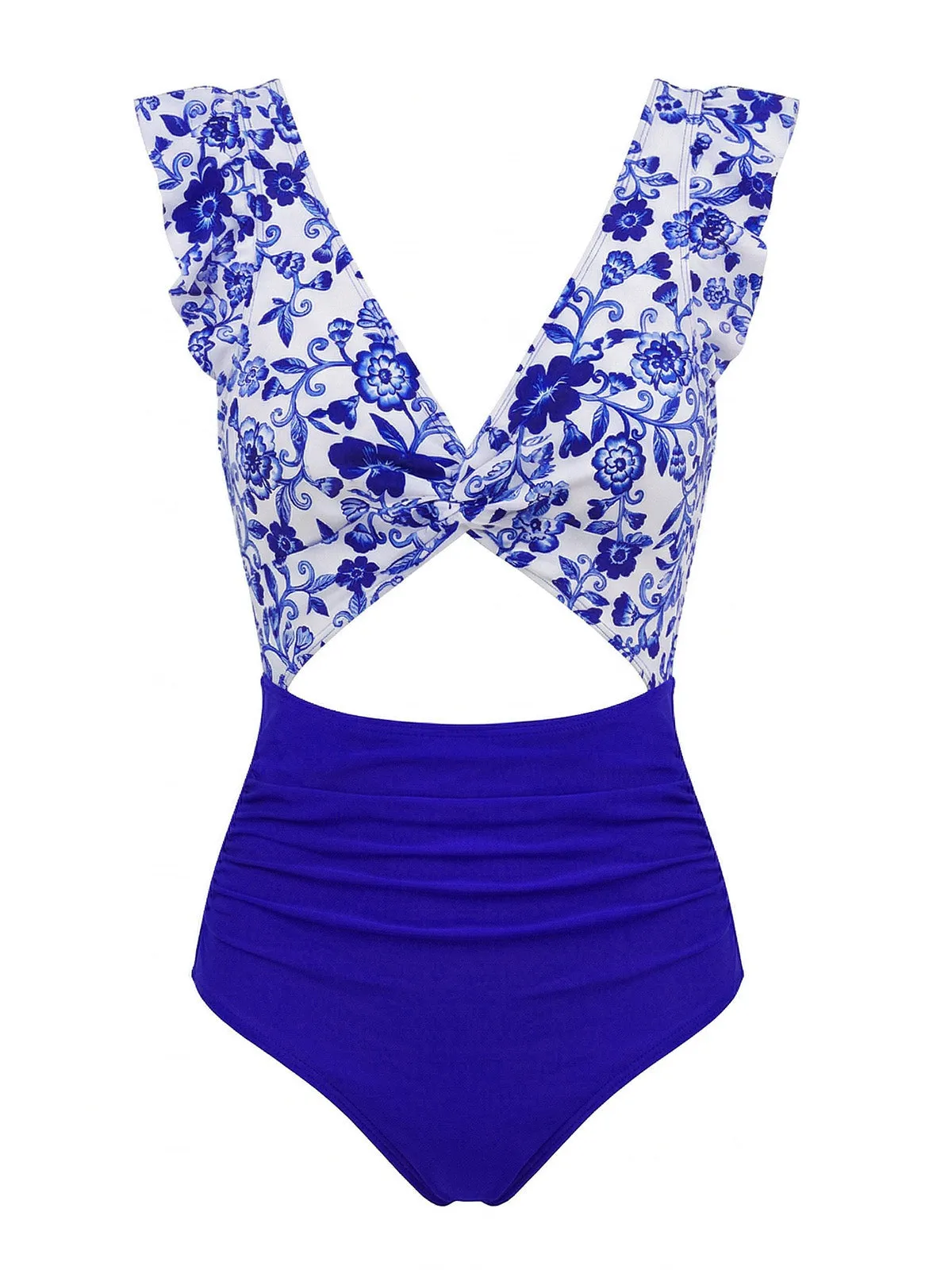 Dark Blue 1970s Porcelain Color Block One-Piece Swimsuit sold by Retro Stage product image thumbnail 2