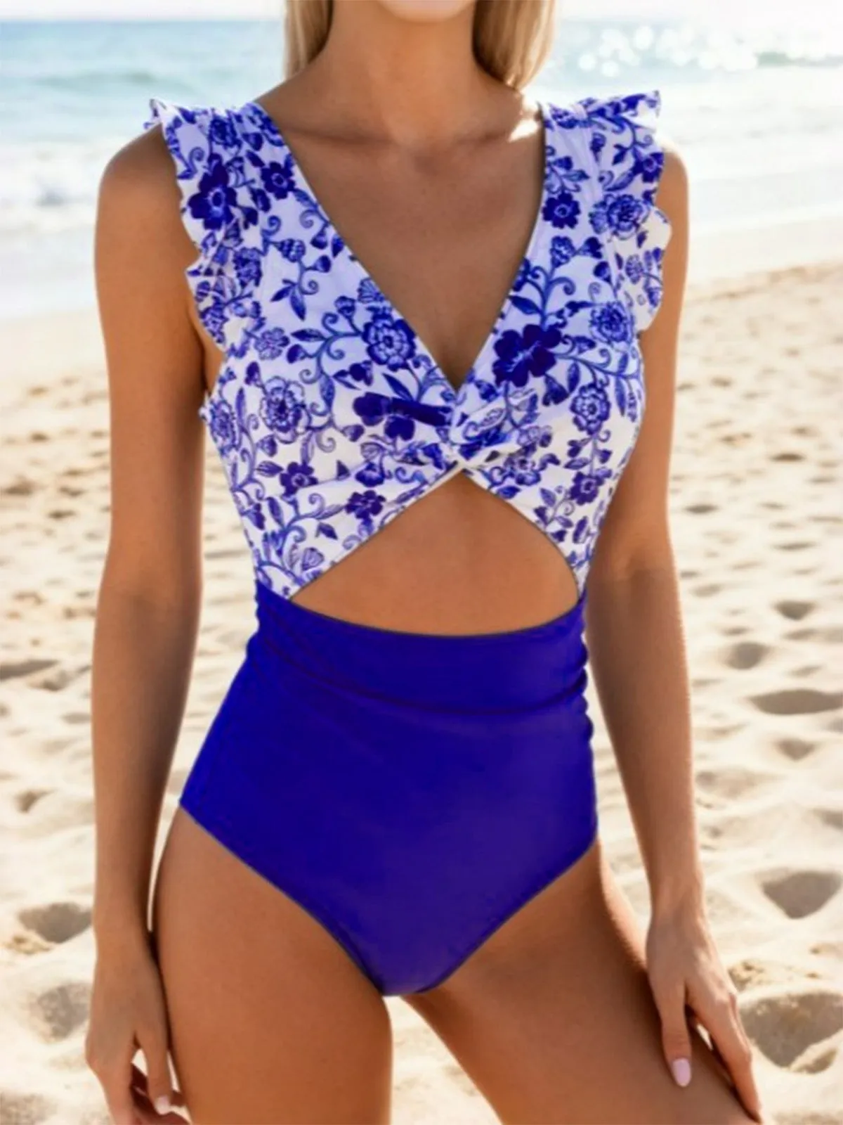 Dark Blue 1970s Porcelain Color Block One-Piece Swimsuit sold by Retro Stage product image thumbnail 3
