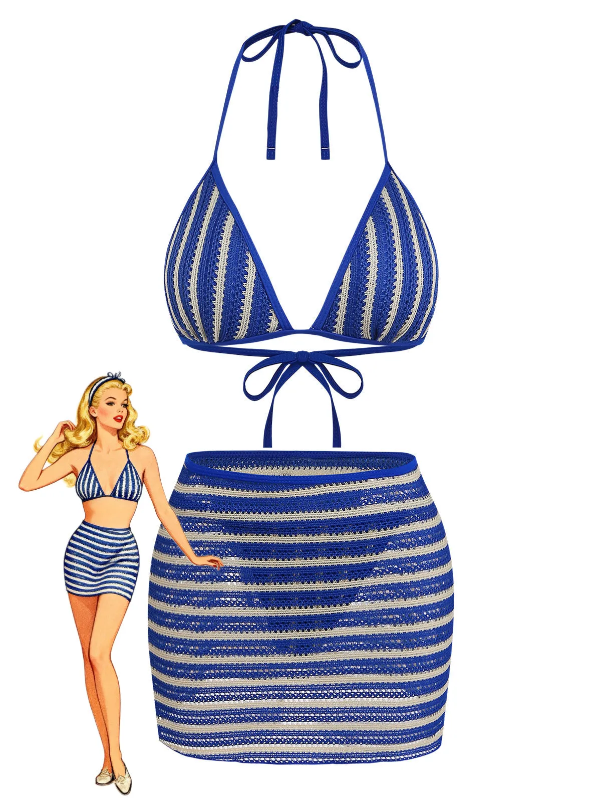 3PCS Blue 1960s Halter Striped Bikini Set & Cover Up sold by Retro Stage