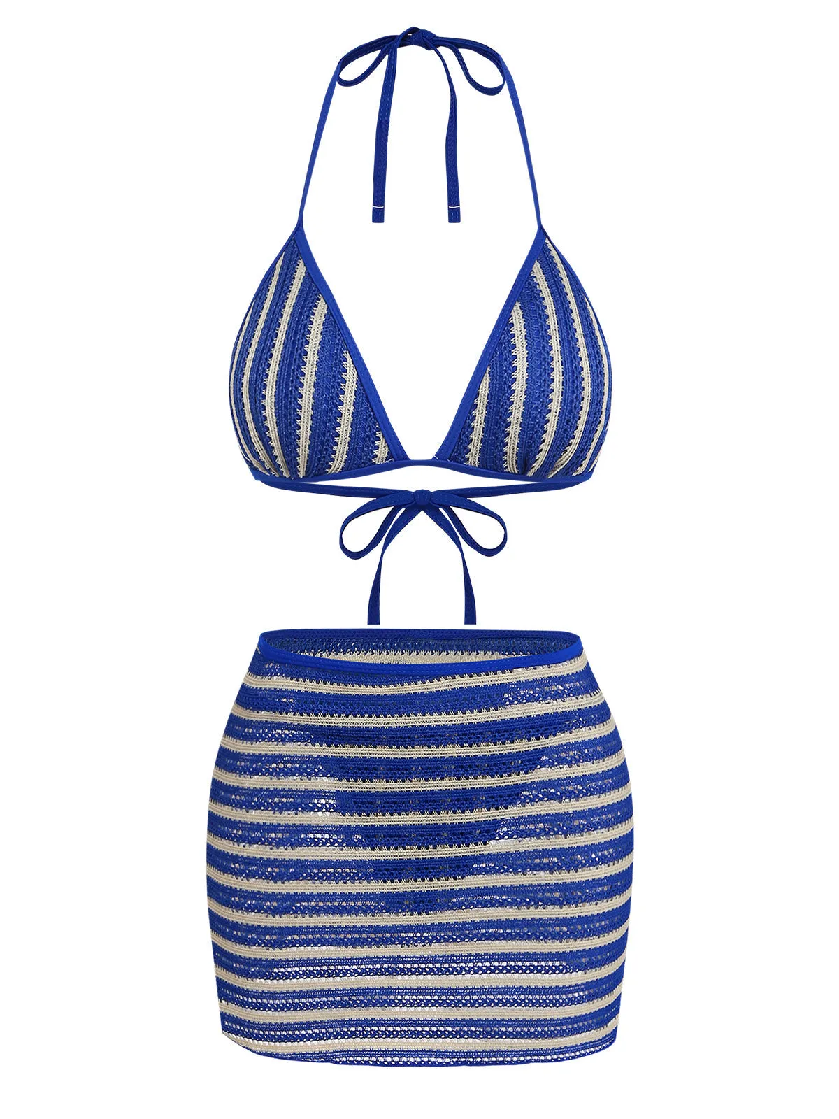 3PCS Blue 1960s Halter Striped Bikini Set & Cover Up sold by Retro Stage product image thumbnail 2