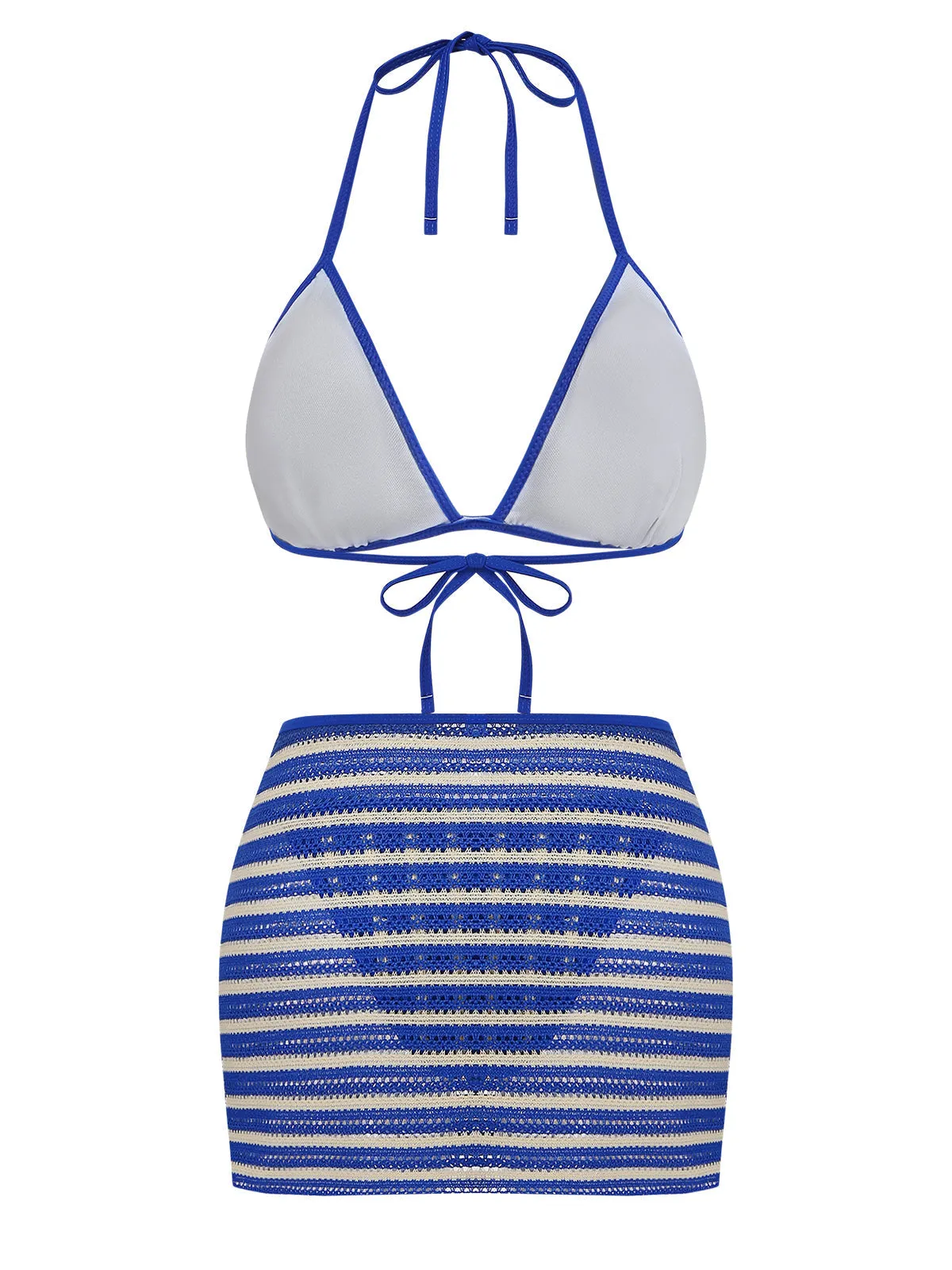 3PCS Blue 1960s Halter Striped Bikini Set & Cover Up sold by Retro Stage product image thumbnail 3
