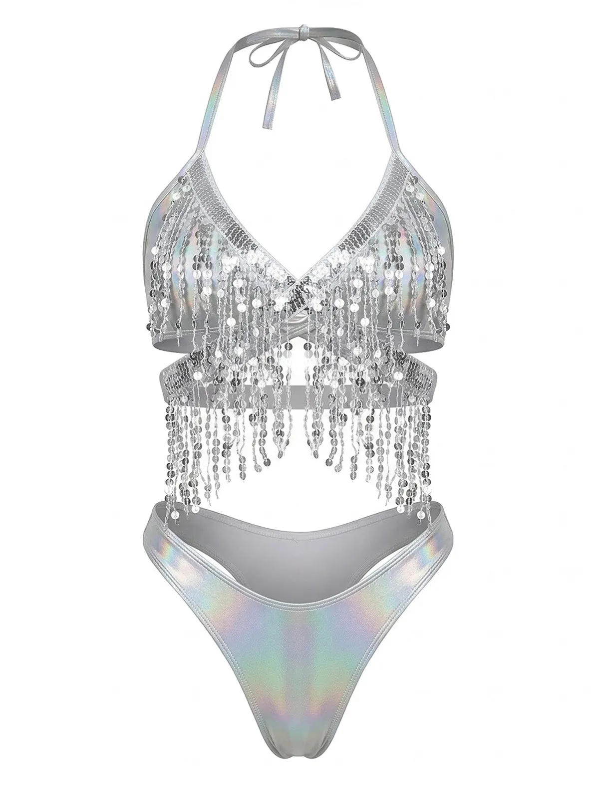 Silver 1970s Holographic Sequin Fringe Bikini Set & Cover-up sold by Retro Stage product image thumbnail 4