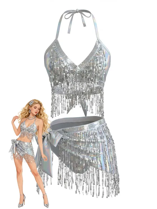 Silver 1970s Holographic Sequin Fringe Bikini Set & Cover-up made by Retro Stage