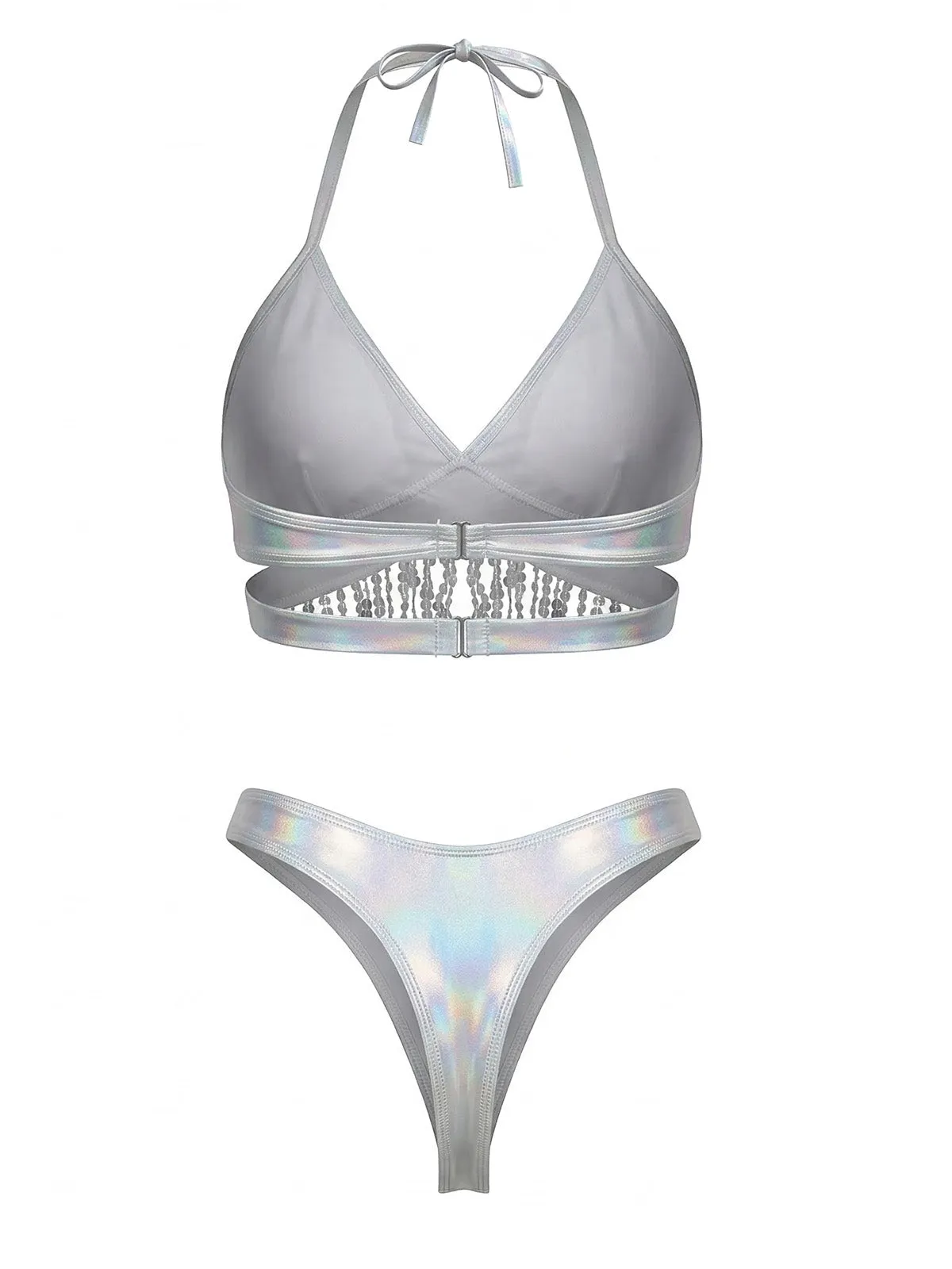 Silver 1970s Holographic Sequin Fringe Bikini Set & Cover-up sold by Retro Stage product image thumbnail 5