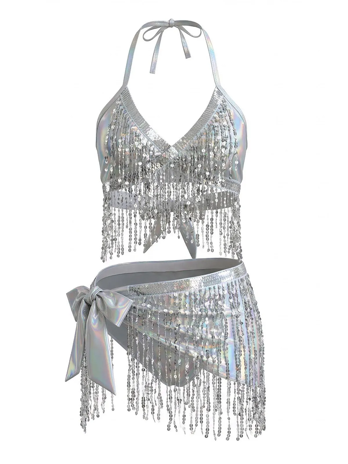 Silver 1970s Holographic Sequin Fringe Bikini Set & Cover-up sold by Retro Stage product image thumbnail 2