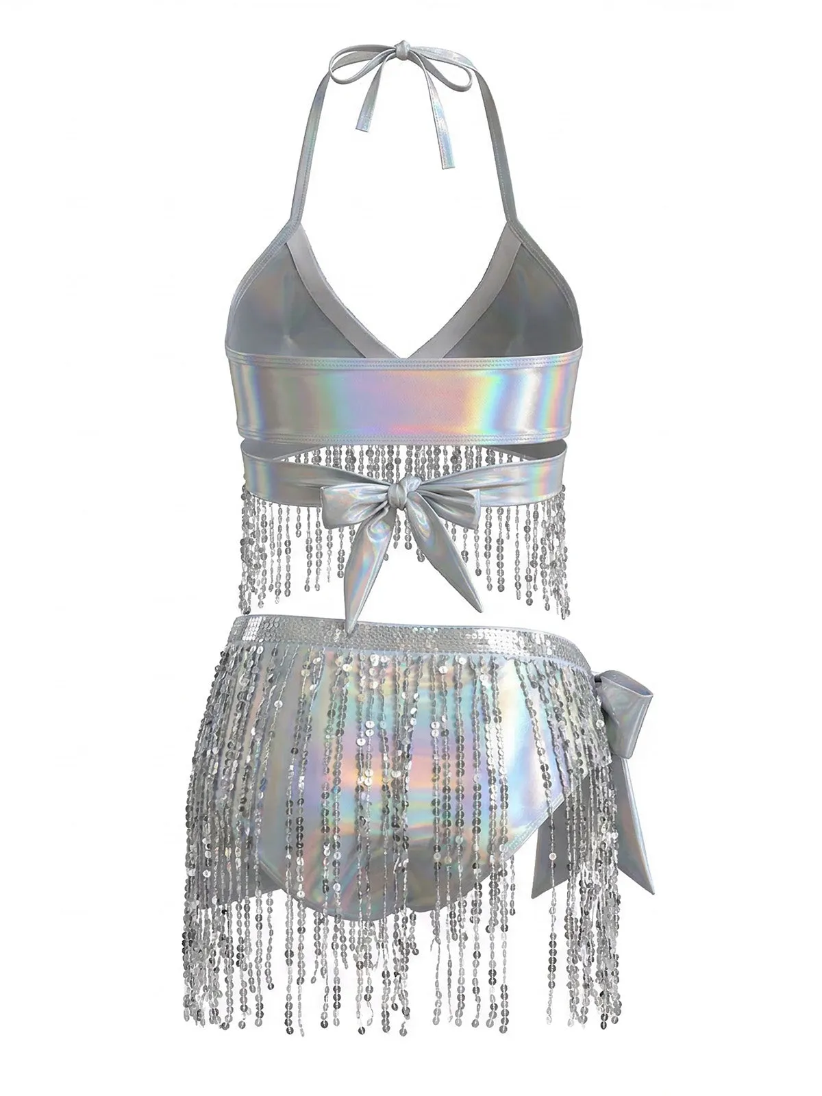 Silver 1970s Holographic Sequin Fringe Bikini Set & Cover-up sold by Retro Stage product image thumbnail 3