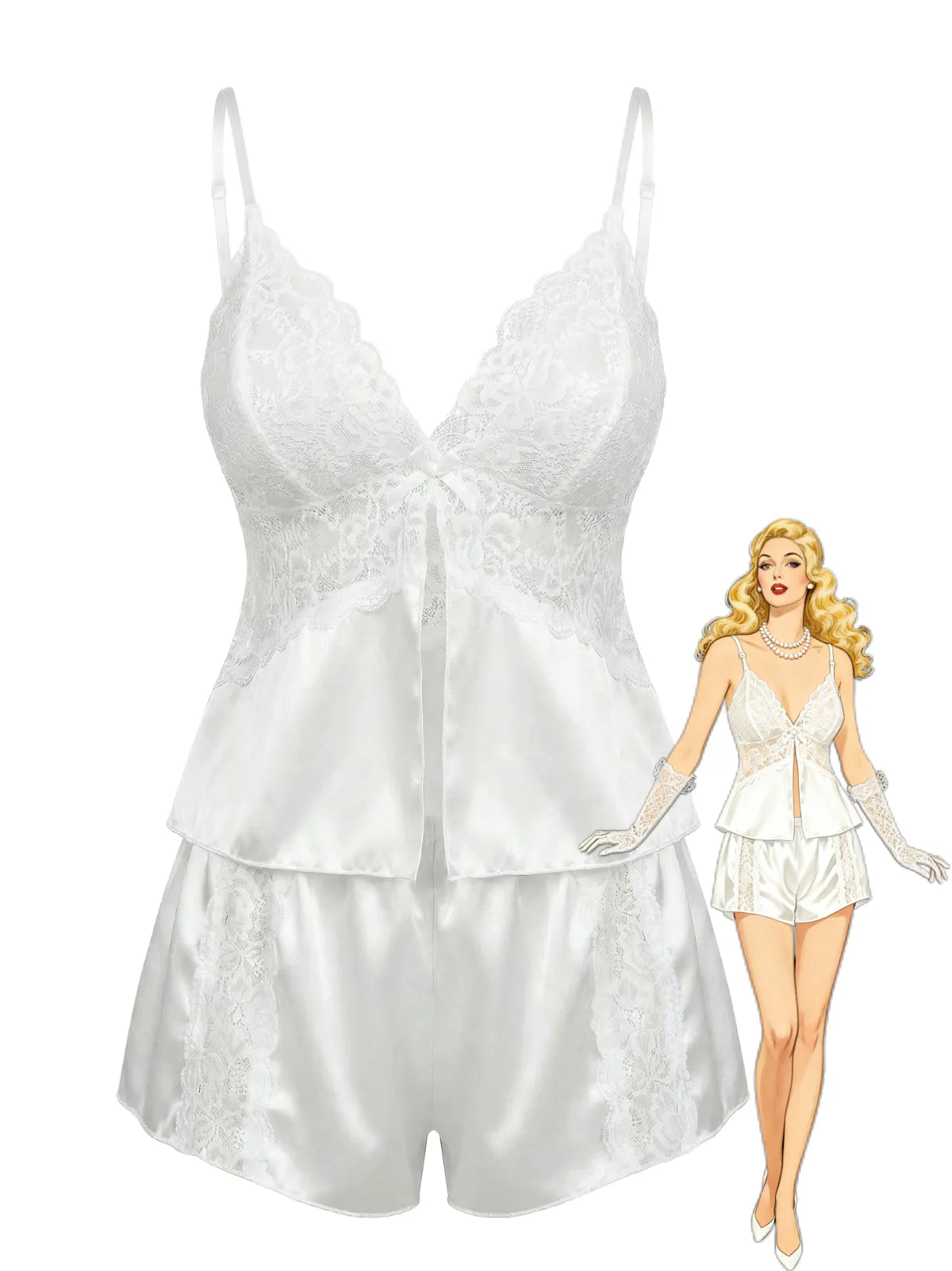 White 1950s Lace Satin Camisole Pajama Set sold by Retro Stage