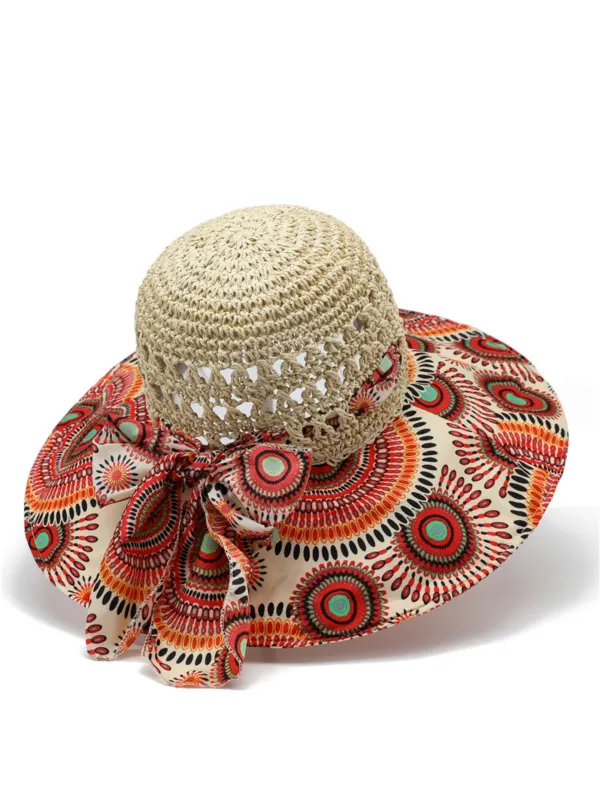 Bohemian Mandala Print Crochet Straw Bow Sun Hat made by Retro Stage