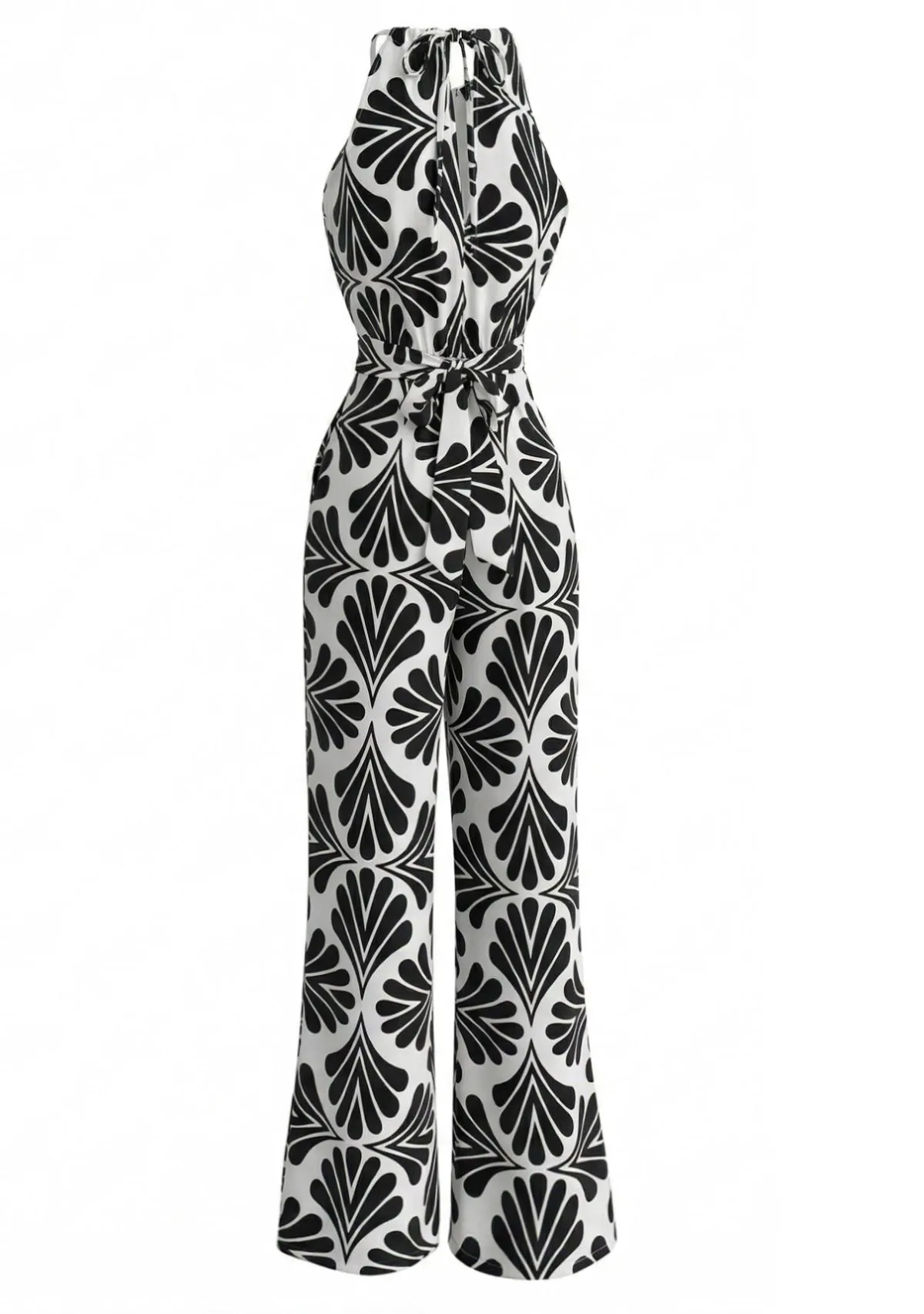 Black 1930s Halter Abstract Print Belted Jumpsuit sold by Retro Stage product image thumbnail 3