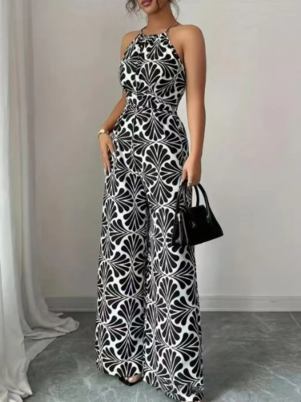 Black 1930s Halter Abstract Print Belted Jumpsuit sold by Retro Stage product image thumbnail 4