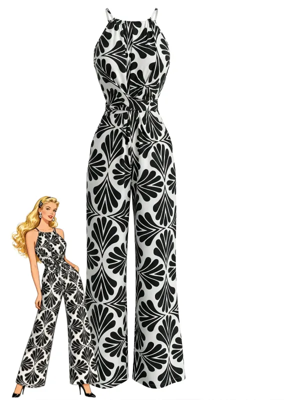 Black 1930s Halter Abstract Print Belted Jumpsuit made by Retro Stage
