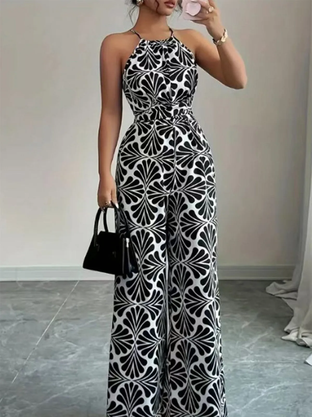 Black 1930s Halter Abstract Print Belted Jumpsuit sold by Retro Stage product image thumbnail 5