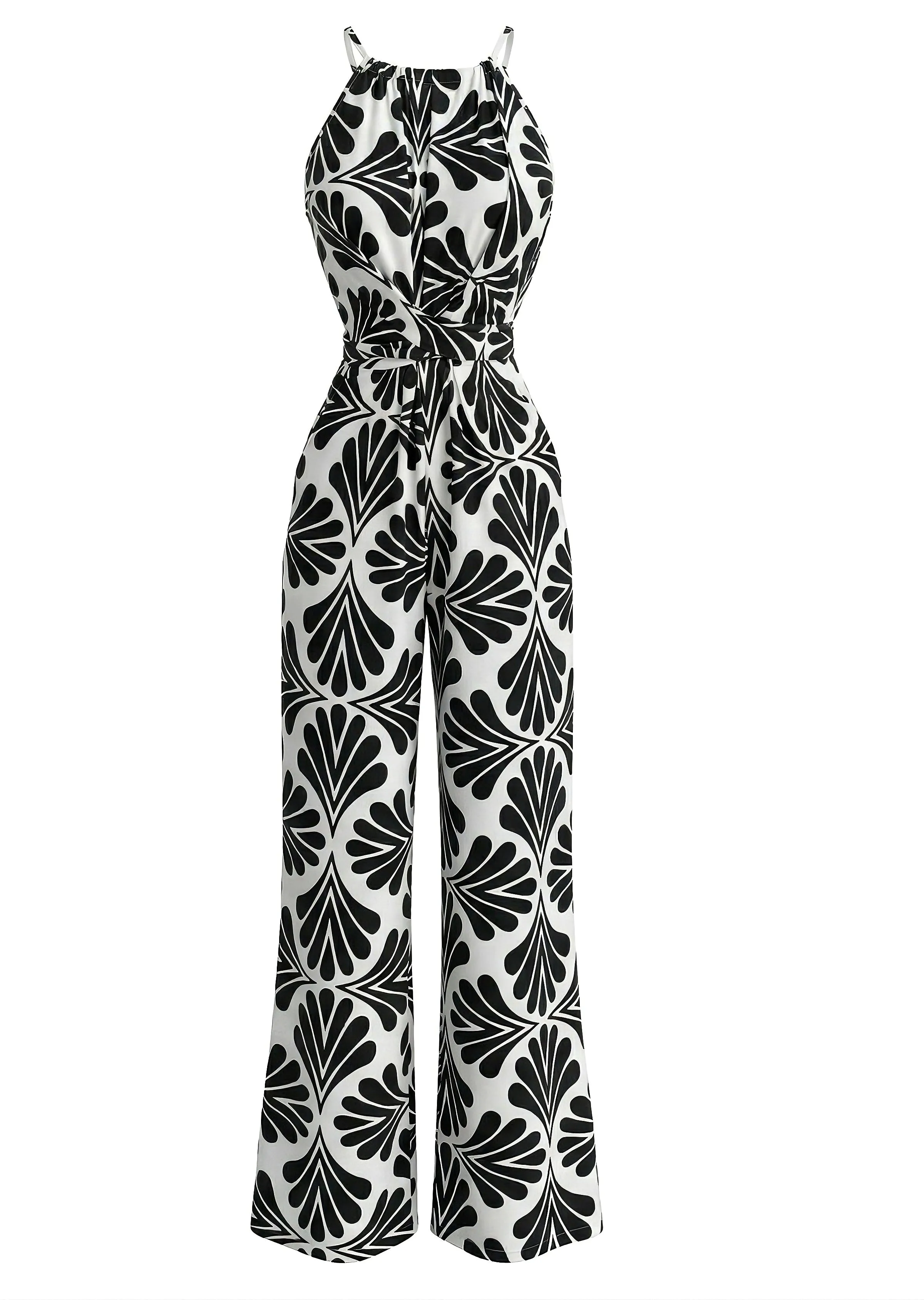 Black 1930s Halter Abstract Print Belted Jumpsuit sold by Retro Stage product image thumbnail 2