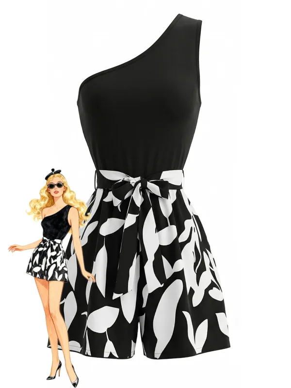 1930s One-Shoulder Plants Sleeveless Belted Romper made by Retro Stage