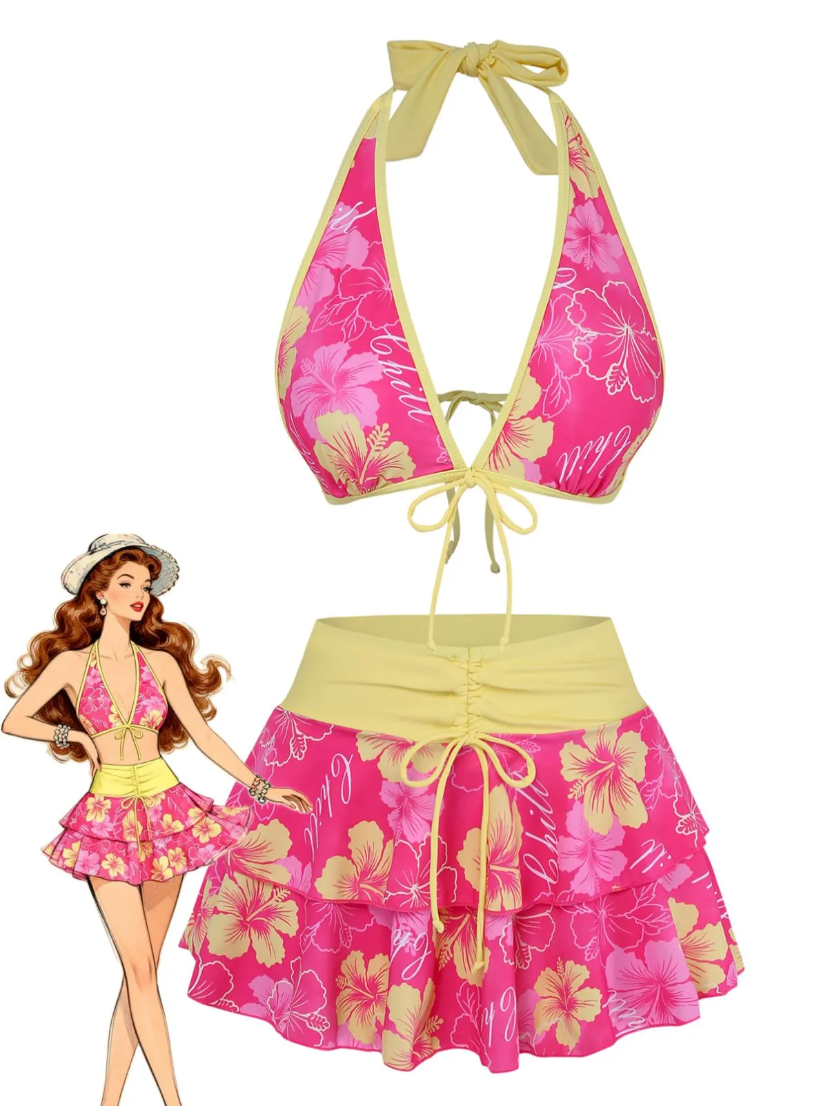 Orange 1960s Floral Print Tie-Front Layered Bikini Set sold by Retro Stage product image thumbnail 4