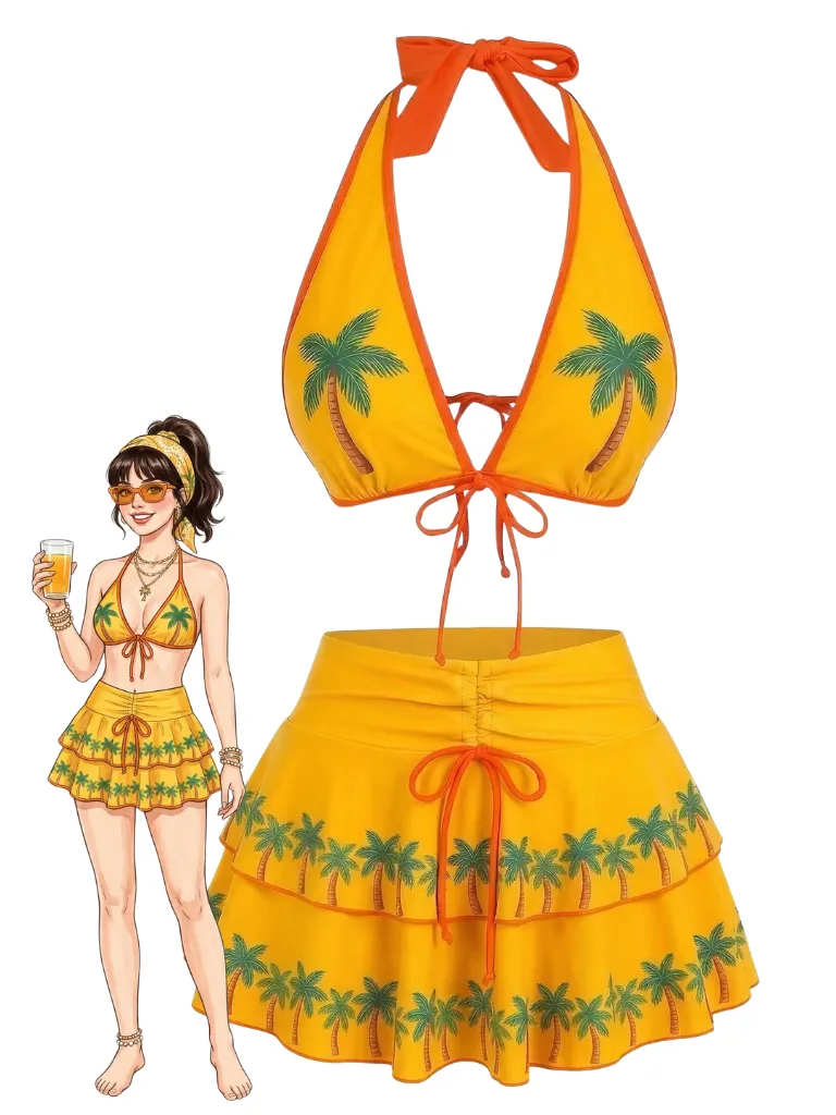 Orange 1960s Floral Print Tie-Front Layered Bikini Set sold by Retro Stage