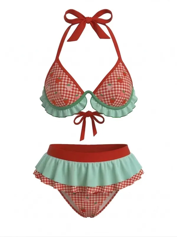 [Pre-Sale] Red & Green 1950s Strawberry Ruffled Halter Bikini Set made by Retro Stage