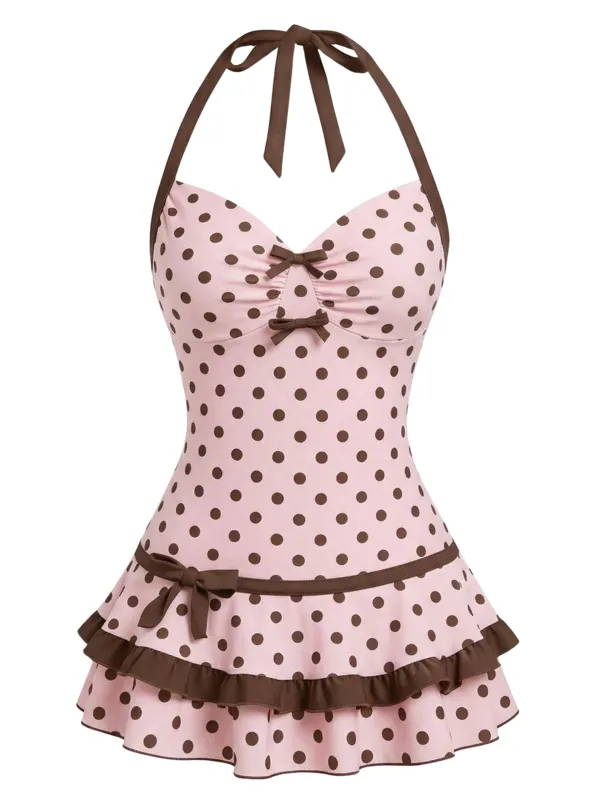 [Pre-Sale] Pink 1940s Polka Dot Halter Bow One-Piece Swimdress made by Retro Stage
